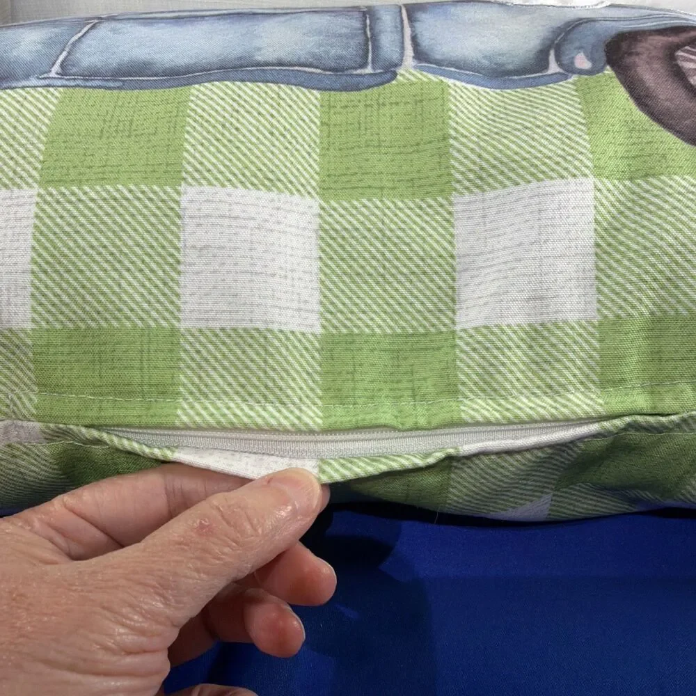 Easter Farmhouse Lumbar Pillow 22x12 Blue Truck Bunny Butt Plaid